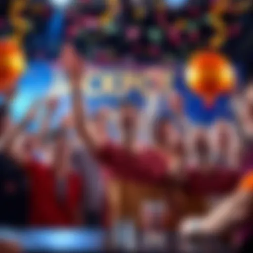 A group of happy people celebrating a jackpot win, with confetti and banners in the background.