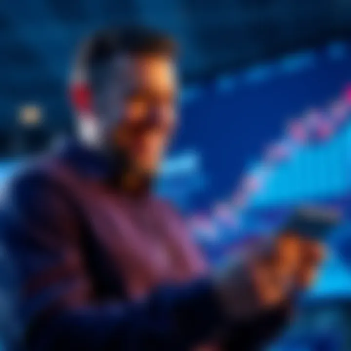 James Grube smiling while reviewing stock data on his tablet with a graph showing share growth in the background.