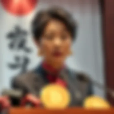 Japan's Prime Minister Sanae Takaichi stands firmly with a serious expression, addressing the media about a meme coin's drastic value drop.