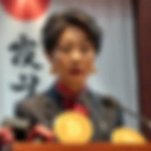Japan's Prime Minister Sanae Takaichi stands firmly with a serious expression, addressing the media about a meme coin's drastic value drop.