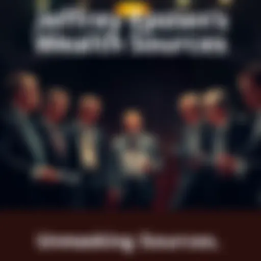 A group of well-dressed individuals in a dimly lit room, discussing financial matters and looking at documents, representing influential figures behind Epstein's funding.