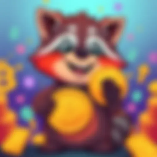 A cartoon raccoon with a playful expression holding a coin, symbolizing the new digital asset Jimothy on Solana, with a background of digital currency symbols and vibrant colors.