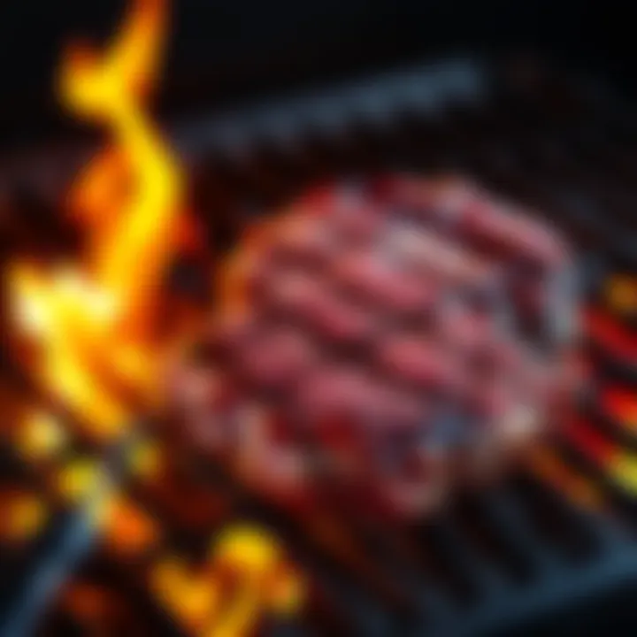 A marbled New York steak searing on a grill with flames