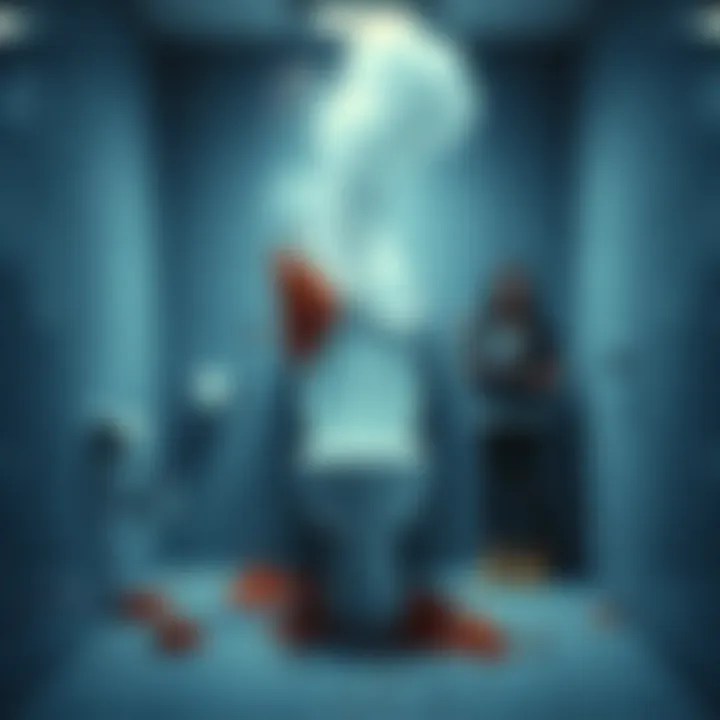 Kamikaze Toilet Aftermath A bathroom scene showing a damaged toilet with smoke and debris, while surprised people stand nearby, looking amazed and unhurt.