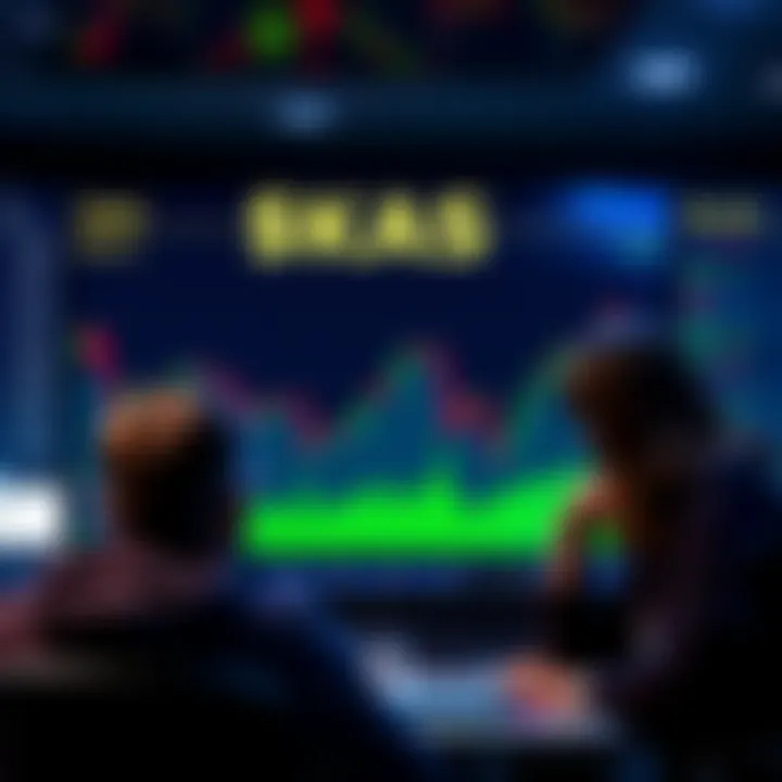 A digital graph showing a sharp decline in the price of $KAS smart contract, with frustrated traders watching the screen, signaling disappointment and regret.