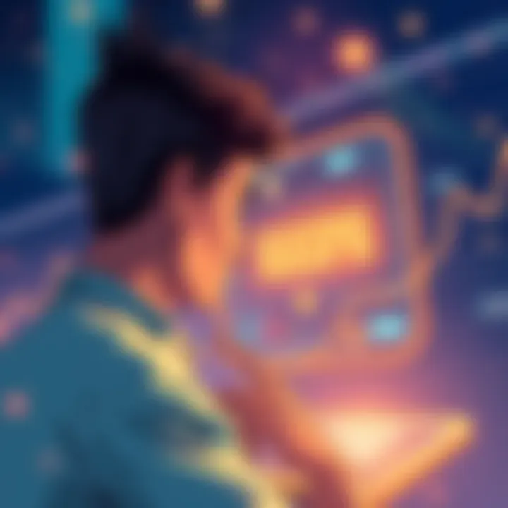 An illustration showing a digital representation of a smart contract with a worried investor looking on, symbolizing uncertainty in Kaspa's future.