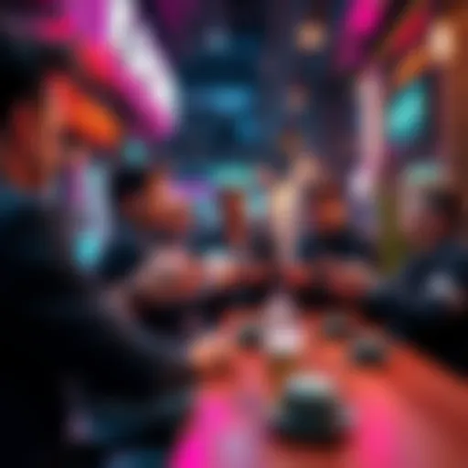 Group of people discussing KASPA trends at a coffee shop, showing excitement and charts on their devices.