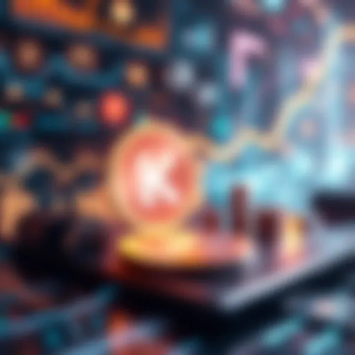 A digital representation of Kaspa cryptocurrency with symbols and graphs showing growth in a futuristic setting.