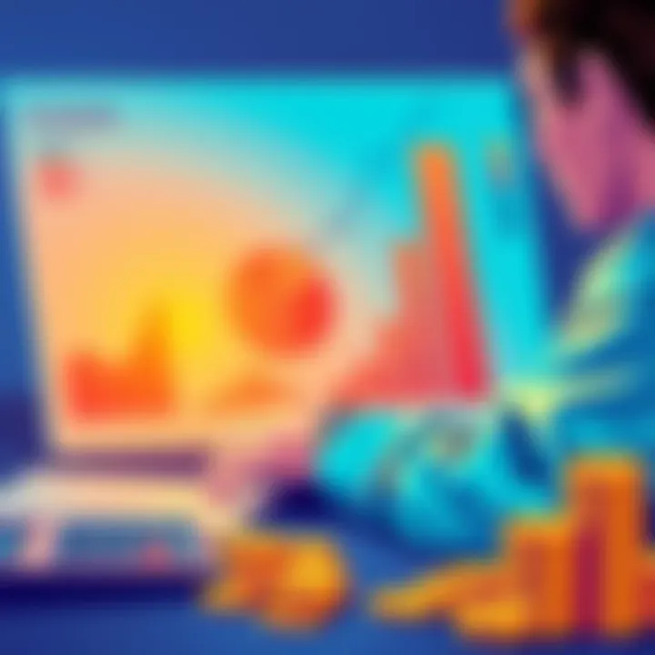 An illustration showing a person analyzing charts and graphs related to Kaspa investments, with coins and a calculator nearby.