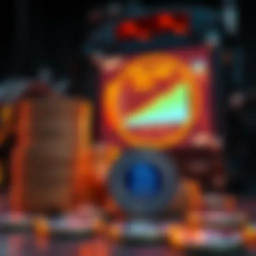 A close-up of Kaspa coins stacked next to a mining rig with a glowing screen displaying coin yield statistics.