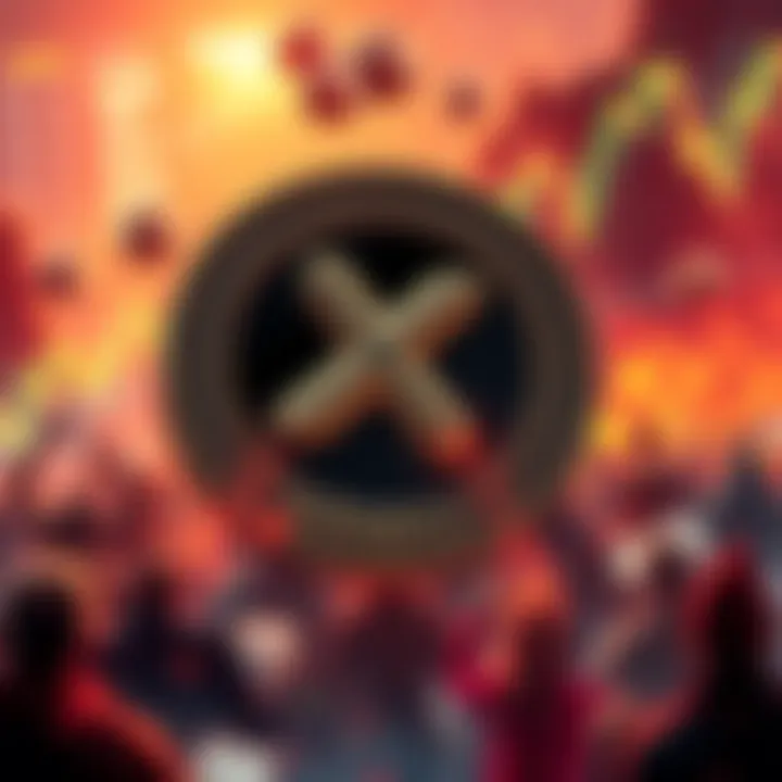 A digital representation of Kendu Coin thriving amid market chaos, showing vibrant community engagement and innovative projects, with a backdrop of fluctuating crypto market graphs.