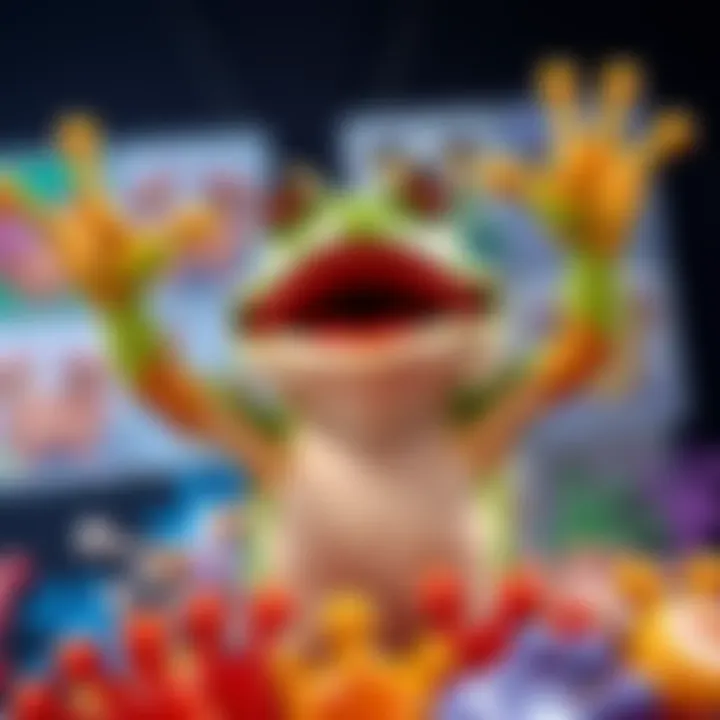 Kermie the frog celebrating a win with a big smile and raised hands, surrounded by colorful frog feet pictures