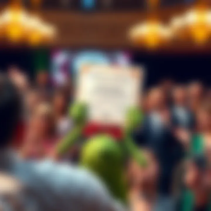 Kermit the Frog happily holding a winning bid certificate at an auction, surrounded by cheering participants.