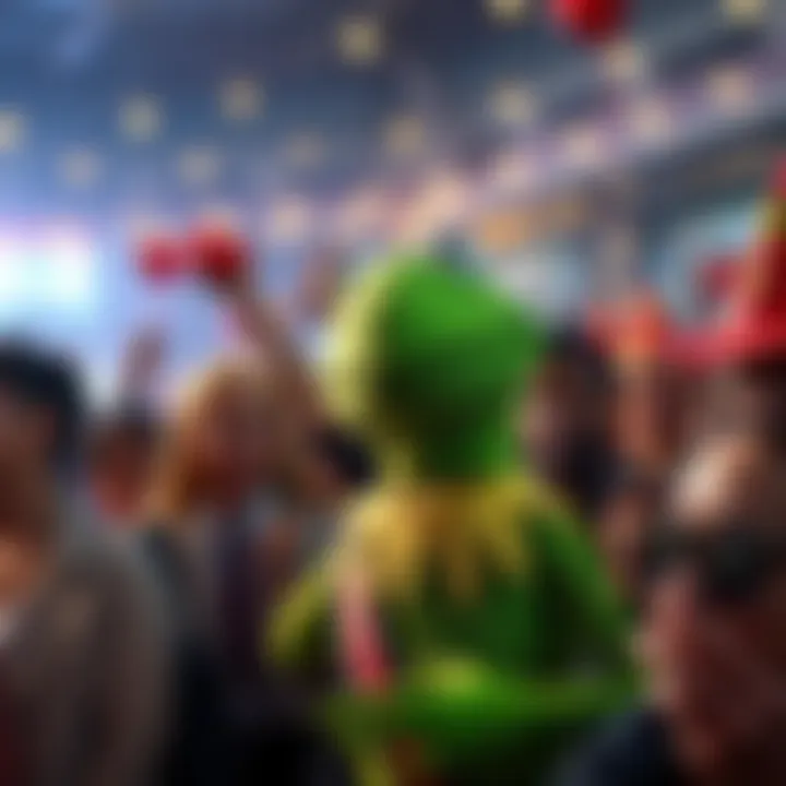 Kermit the Frog in a celebration scene Kermit the Frog surrounded by fans in a festive setting, expressing joy and love for the character