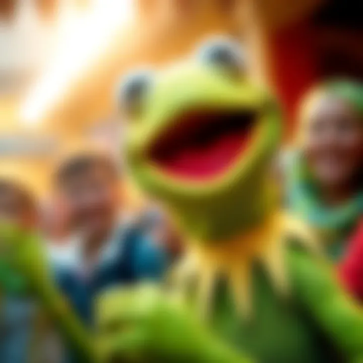 Kermit the Frog smiling Kermit the Frog joyfully engaging with fans, creating laughter and smiles