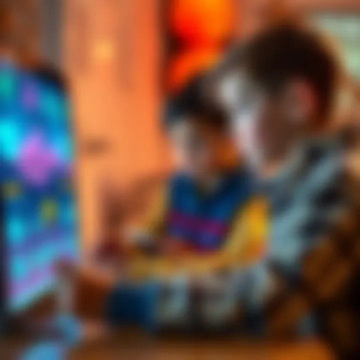 Two children watching a screen with digital payment icons while discussing financial concepts with a parent