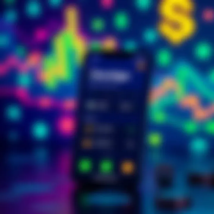 A smartphone displaying the Kontigo app interface with USDC transactions and a background of financial symbols.