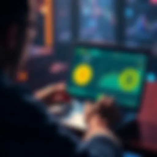 A person analyzing investment options with a laptop showing a cryptocurrency interface, highlighting 2.5% APY from Kraken's BTC Vault.