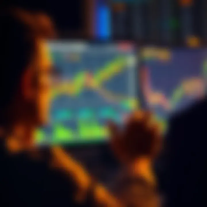 A person looking at a computer screen with trading graphs and charts related to Kraken, considering investment options.