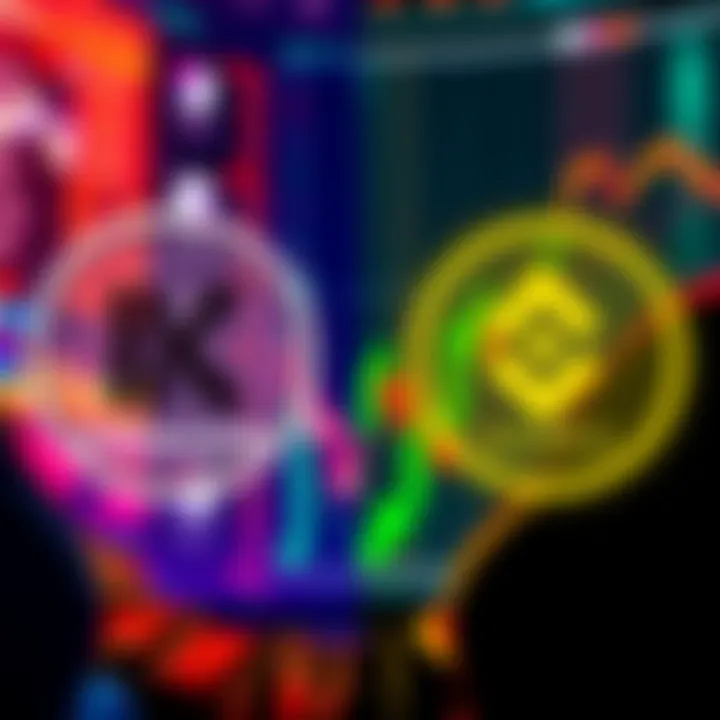 A side-by-side comparison of Kraken and Binance logos with a casual buyer looking at cryptocurrency charts.