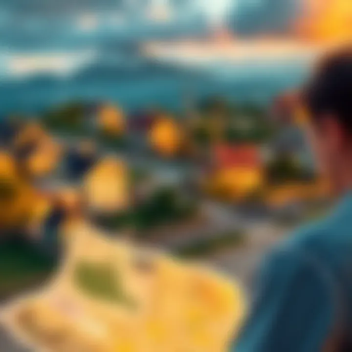 A person looking at a map and planning land purchases in a local area, with houses in the background