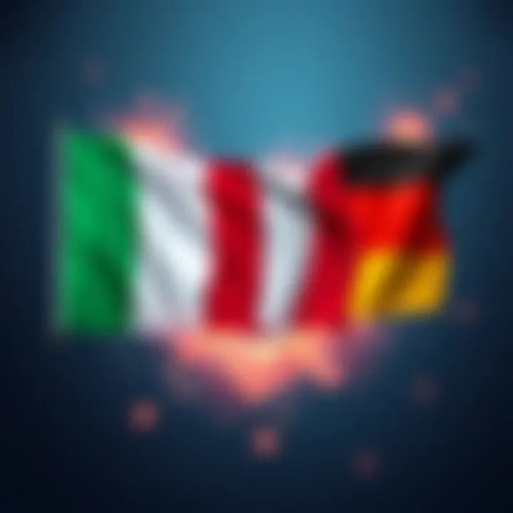 Illustration showing flags of Italian, French, and German countries fading away or disappearing, symbolizing language removals in the Hub app.