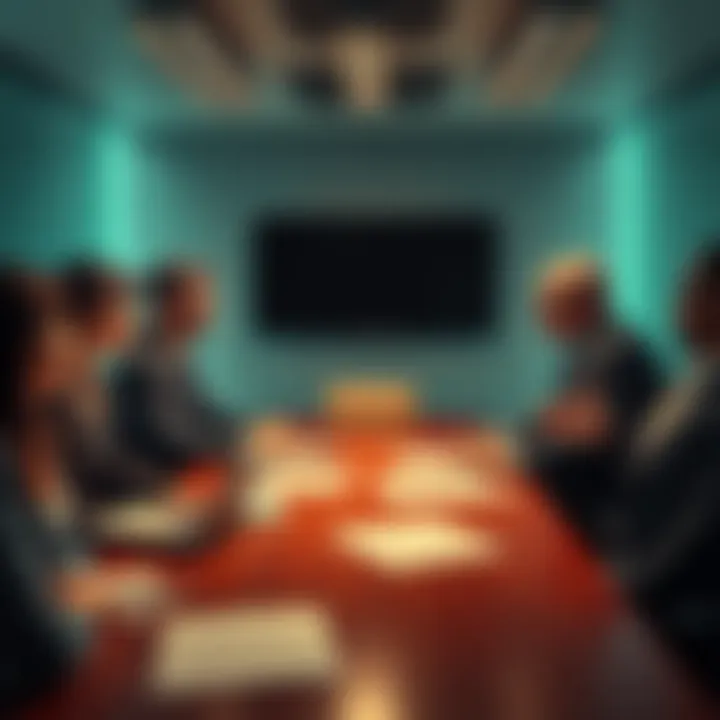 Lawyers Discuss Class Action A group of lawyers in a meeting room discussing potential class action lawsuit details with documents on the table