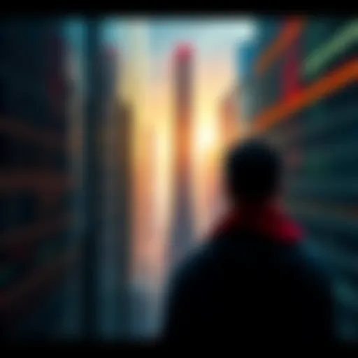 A person looking at a cityscape with reflections showing different realities, symbolizing the Matrix concept.