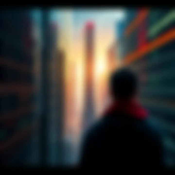 A person looking at a cityscape with reflections showing different realities, symbolizing the Matrix concept.