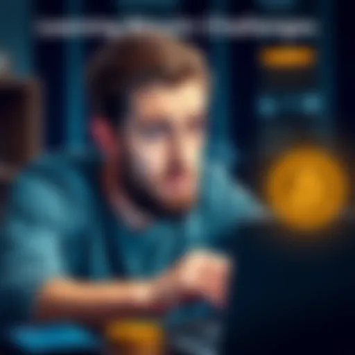 A person looking confused while studying Bitcoin concepts like wallets and mining on a laptop.