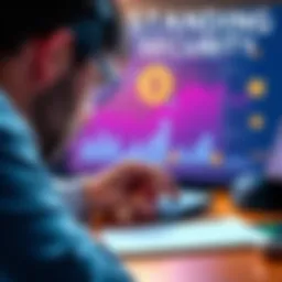 A person looking at a Ledger wallet on a desk, focused on transaction approvals and security permissions, with charts and crypto symbols in the background.