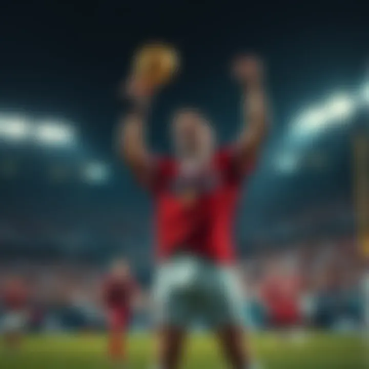 A famous athlete known as the G.O.A.T. celebrates a victory on the field, surrounded by cheering fans and holding a trophy high.