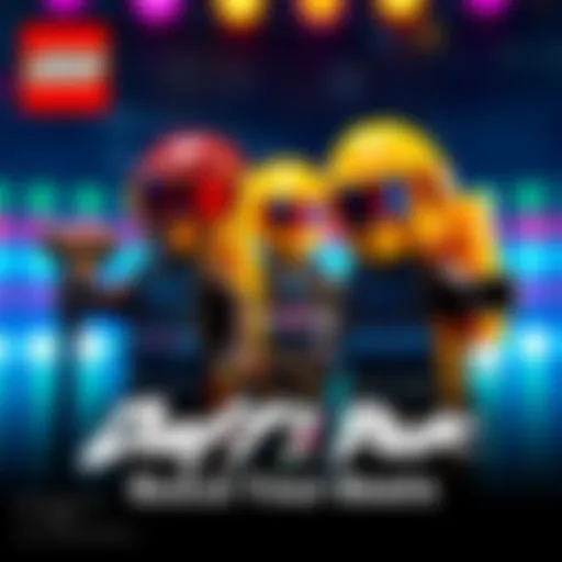 A colorful LEGO set featuring Daft Punk characters and accessories, capturing their iconic robot style with musical elements.
