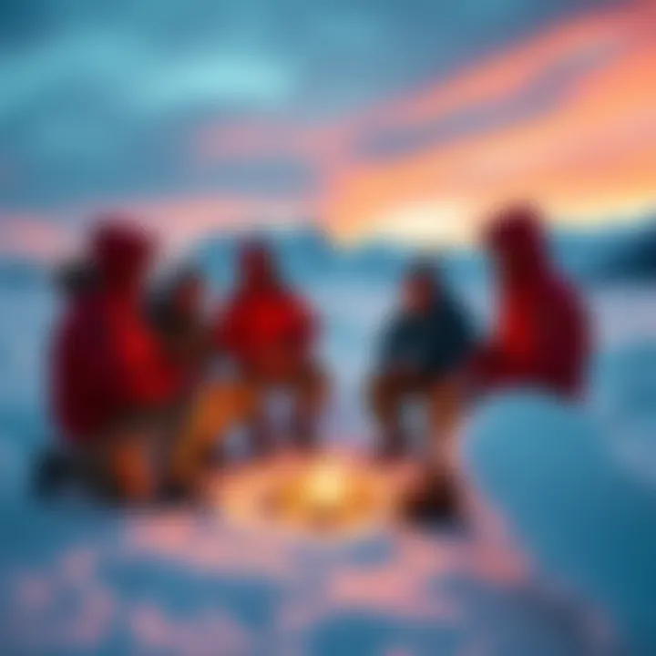 A group of libertarians discussing plans for a cryptocurrency and AI-driven society in Greenland's snowy landscape.