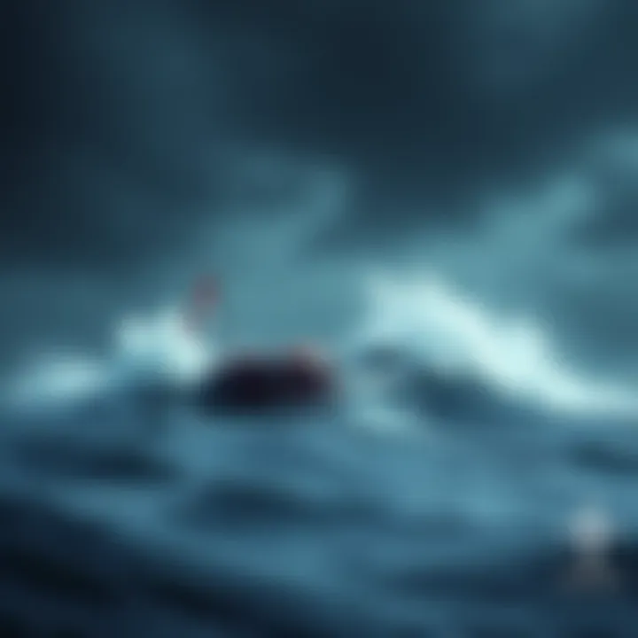 A life raft struggling in rough seas, with waves crashing around it, symbolizing a failed escape attempt at sea.