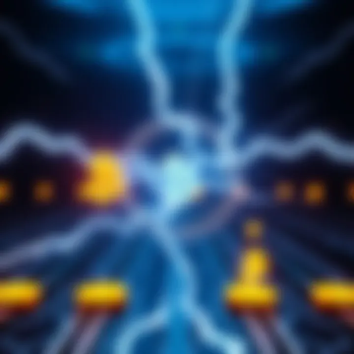 A graphic showing the Lightning Network with Bitcoin symbols and fast transaction arrows.