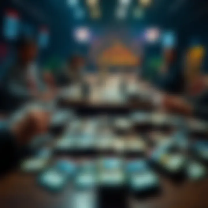 A collection of limited competition cards spread out on a table with people discussing their value and strategy for upcoming events