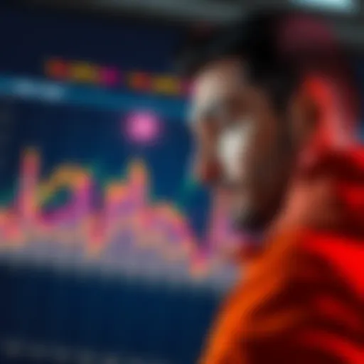 A line chart with peaks and valleys representing market trends, and a person looking concerned while analyzing the data.