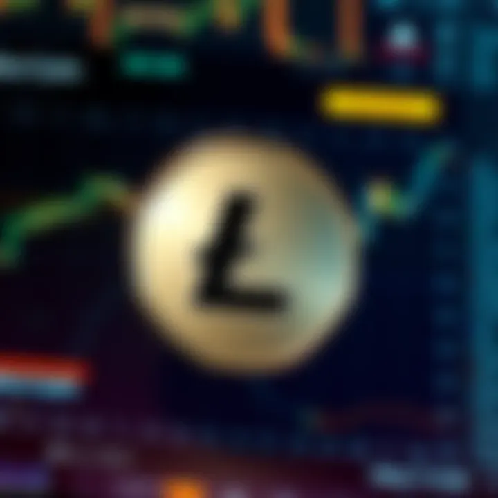 Litecoin logo prominently displayed on a digital screen with cryptocurrency symbols in the background