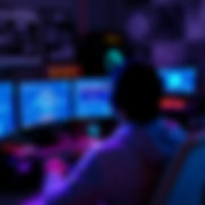 A person sitting at a desk with multiple computer screens showing Litecoin mining software and graphics, surrounded by mining equipment and tools.