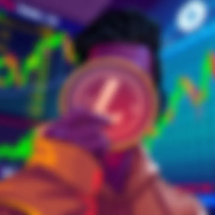 Illustration of a person considering buying 70 Litecoins at $56 each with charts and graphs showing market trends in the background.