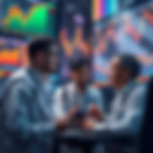 Traders engaging in discussion about Litecoin markets with charts and graphs in the background
