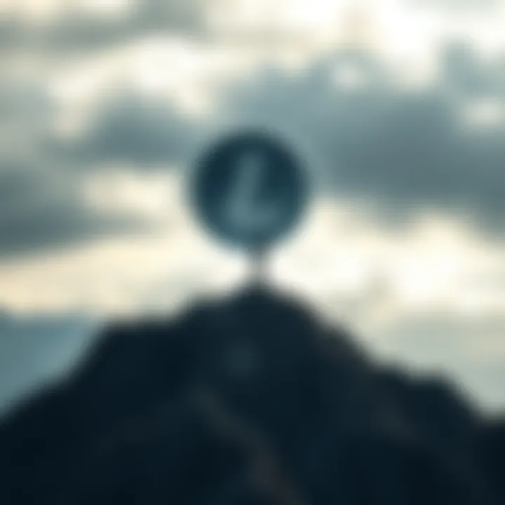 A bold Litecoin symbol stands strong atop a mountain, representing resilience and confidence against a cloudy sky.