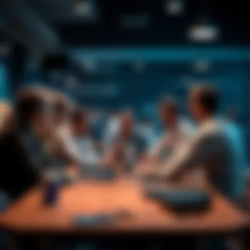 Group of people discussing Litecoin trading strategies at a table