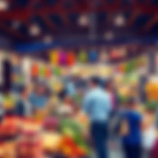 A vibrant community market scene showcasing various local products and people shopping together, emphasizing community engagement in buying preferences.
