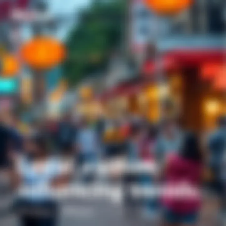 A vibrant street scene showing diverse people interacting and enjoying local culture, reflecting community identity and trends.