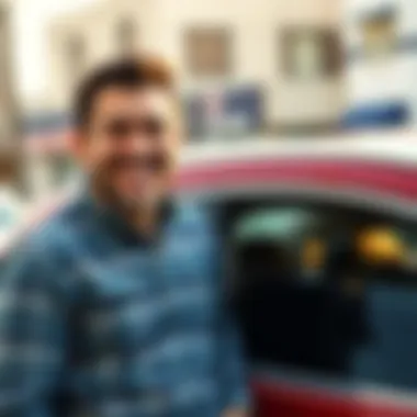 Local Man with 2014 Honda CRV A local man smiling next to his newly acquired 2014 Honda CRV at a public auction, showcasing his excitement over the purchase.