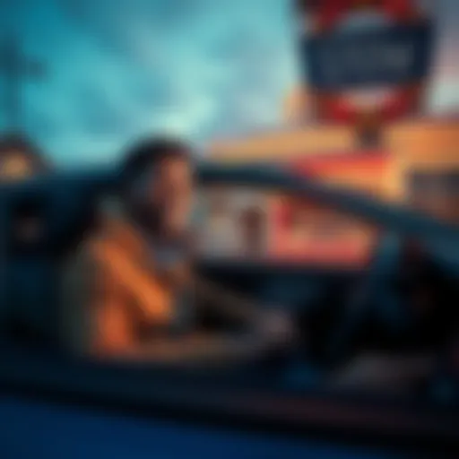 A local resident in a car, smiling as they drive through a small town, representing an unexpected journey to becoming mayor