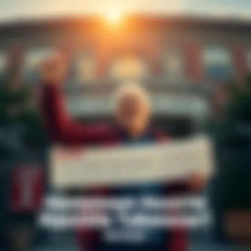 A happy local resident holding a check in front of the town hall after a successful mayoral takeover