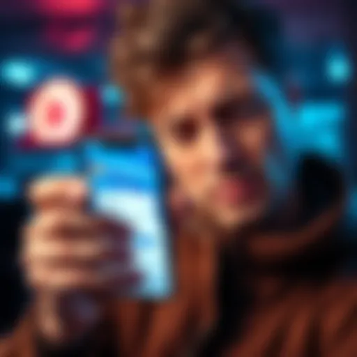 A frustrated person looking at a smartphone screen showing a pending transaction on the Blockchain.com app, unable to access funds.